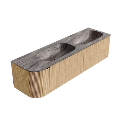 MONDIAZ KURVE-DLUX meuble de salle de bains 165 cm arrondi gauche couleur Oak avec 2 tiroirs et 1 porte. Lavabo STOR SMALL Double / Droite sans trou de robinet Oza.