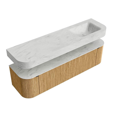 MONDIAZ THOR-DLUX Meuble de salle de bains 170cm arrondi gauche + droite couleur Oak avec 1 tiroir et 2 portes. Vasque suspendue CLOUD Droite 1 trou de robinet couleur Opalo.