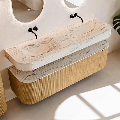 MONDIAZ THOR-DLUX 160cm meuble de salle de bains arrondi gauche + droite couleur Oak avec 1 tiroir et 2 portes. Vasque suspendue CLOUD Double sans trou de robinet couleur Nata.