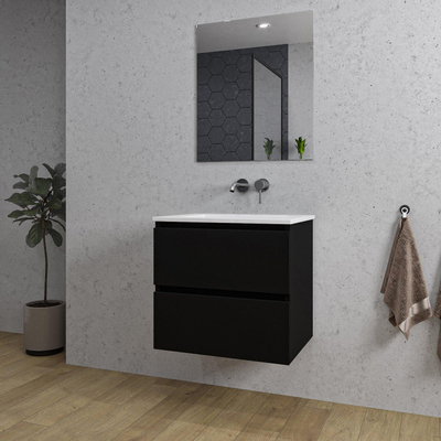 Saniclass Chaci Meuble de salle de bain - 60x46x55cm - lavabo en céramique blanc - 1 vasque - sans trou de robinet - 2 tiroirs - miroir rectangulaire - noir mat
