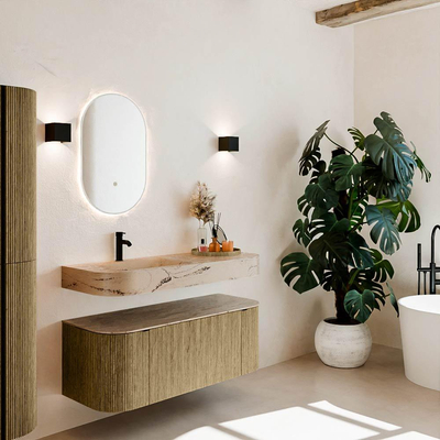 MONDIAZ THOR-DLUX 120cm meuble de salle de bains arrondi gauche + droite couleur Dusk avec 1 tiroir et 2 portes. Vasque suspendue CLOUD Gauche 1 trou de robinet couleur Arena.