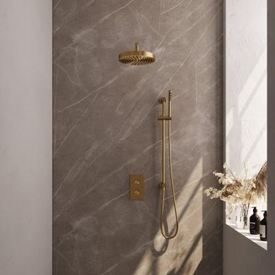 BRAUER Stripe Thermostatische Inbouw Regendouche - 3-weg - rechthoekig - 25cm douchekop - gebogen muurarm - staaf handdouche - doucheslang - geïntegreerde glijstang - goud geborsteld PVD