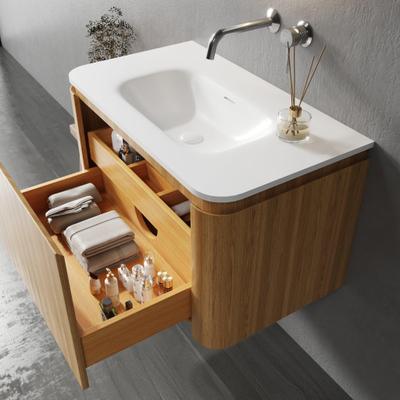 Saniclass Terra Ensemble meuble de salle de bains - 80cm - 2 tiroirs - vasque en solid surface - 1 lavabo - sans trous de robinet - coins arrondis - sandwood (Chene clair)