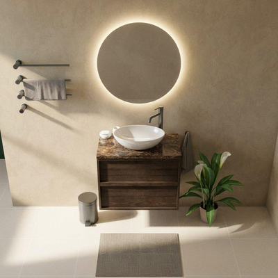 Saniclass Holz Frame Ensemble meuble de salle de bains - 80x45x63cm - Plan de travail en pierre naturelle Noche dark emperador - 1 trou de robinetterie - 2 tiroirs - chêne charcoal mat (bois)