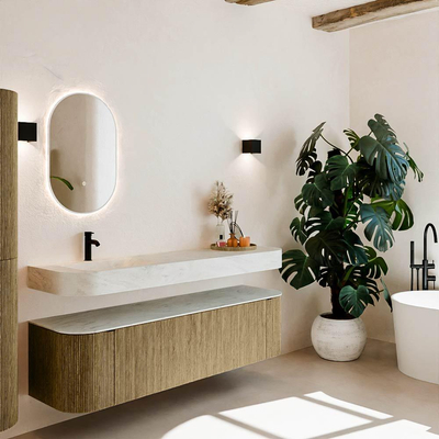 MONDIAZ THOR-DLUX Meuble de salle de bains 170cm arrondi gauche + droite couleur Dusk avec 1 tiroir et 2 portes. Vasque suspendue CLOUD Gauche 1 trou de robinet couleur Opalo.