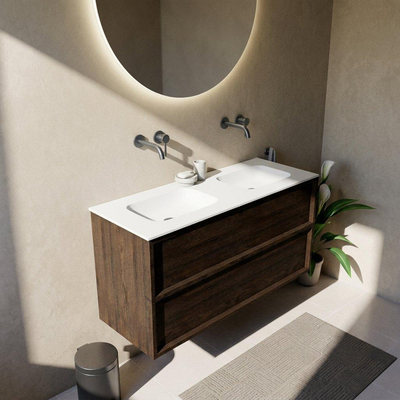 Saniclass Holz Frame Ensemble meuble de salle de bains - 120x45x61.5cm - Vasque Flow en solid surface blanc - 2 vasques - sans trous de robinetterie - 2 tiroirs - chêne charcoal mat (bois)