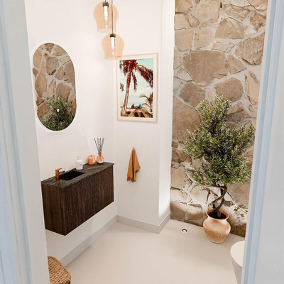 Mondiaz JOYA-DLUX 70cm toiletmeubel - kleur Walnut - Wastafel FAYE positie Links 1 kraangat kleur Lava.