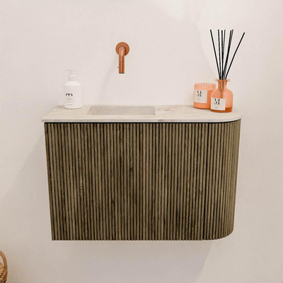 Mondiaz JOYA-DLUX 61.6cm toiletmeubel - ronding rechts kleur Dusk - Wastafel FAYE positie Links Zonder kraangat kleur Frappe.