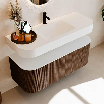 MONDIAZ THOR 120cm meuble de salle de bains arrondi gauche + droite couleur Walnut avec 1 tiroir et 2 portes. Vasque suspendue CLOUD Milieu 1 trou de robinet couleur Talc.