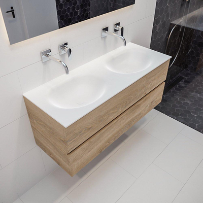 ENSEMBLE DE MEUBLE MONDIAZ VICA - 120cm - 2 tiroirs - lavabo Moon double - 0 trou de robinet - solid surface chêne blanchi