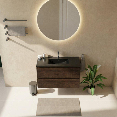 Saniclass Holz Atelier Ensemble de meubles de salle de bains - 100x45x62cm - Lavabo en céramique Vygo noir - 1 vasque - 1 trou de robinetterie - 2 tiroirs - chêne charcoal mat (bois)