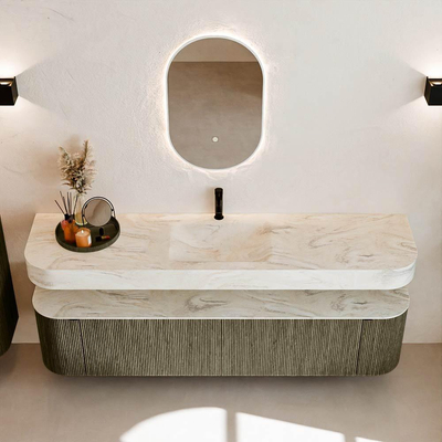 MONDIAZ THOR-DLUX Meuble de salle de bains 190cm arrondi gauche + droite couleur Shadow avec 2 tiroirs et 2 portes. Vasque suspendue CLOUD Milieu 1 trou de robinet couleur Ostra.