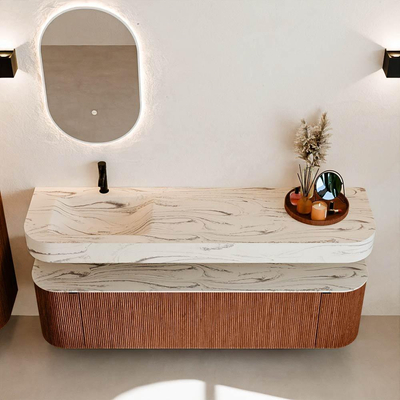 MONDIAZ THOR-DLUX Meuble de salle de bains 170cm arrondi gauche + droite couleur Ruby avec 1 tiroir et 2 portes. Vasque suspendue CLOUD Gauche 1 trou de robinet couleur Nata.