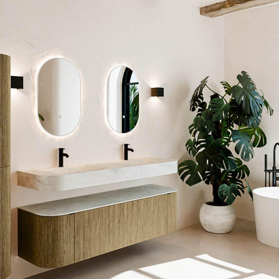 MONDIAZ THOR-DLUX 160cm meuble de salle de bains arrondi gauche + droite couleur Dusk avec 1 tiroir et 2 portes. Vasque suspendue CLOUD Double 2 trous de robinet couleur Opalo.