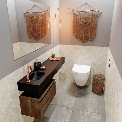 MONDIAZ ANDOR Toiletmeubel 120x30x30cm met 1 kraangaten 1 lades dark brown mat Wastafel Lex links Solid Surface Zwart