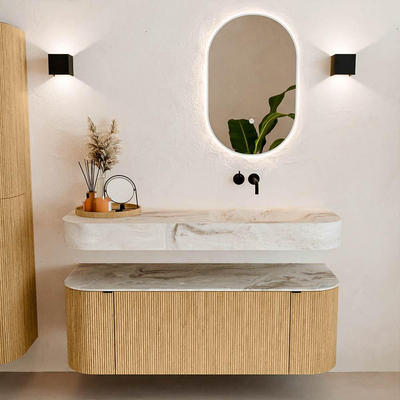 MONDIAZ THOR-DLUX 130cm meuble de salle de bains arrondi gauche + droite couleur Chêne avec 1 tiroir et 2 portes. Vasque suspendue CLOUD Droite sans trou de robinet couleur Frappe.