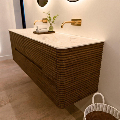 Mondiaz CIRO-DLUX Badkamermeubelset - 150x45x50cm - Solid surface wastafel Ostra - 2 wasbak Dubbel - zonder kraangaten - 4 lades - Dusk