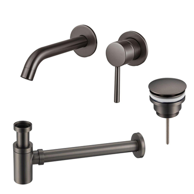 Fortifura Calvi Wastafelkraanset - inbouw wastafelkraan - klikwaste plug - verlaagde design - sifon - PVD - geborsteld gunmetal (antraciet)