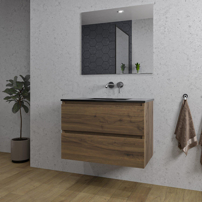 Saniclass Chaci Meuble de salle de bain - 80x46x55cm - lavabo en céramique noir - 1 vasque - sans trou de robinet - 2 tiroirs - miroir rectangulaire - noyer (hout)