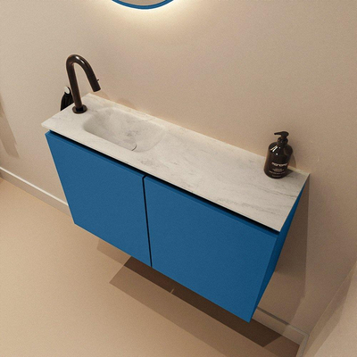 MONDIAZ TURE-DLUX Meuble toilette - 80cm - Jeans - EDEN - vasque Opalo - position gauche - 1 trou de robinet