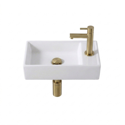 FugaFlow Efficiente Pietra Ensemble de lavabo - 40x22x10cm - céramique - trou de robinet à droite - robinet de lavabo laiton brossé PVD (or) - bonde - siphon abaissé - blanc brillant