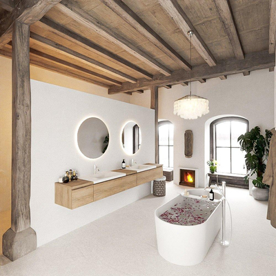 MONDIAZ BUKLA 280cm meuble de salle de bains avec module 40 couleur Washed Oak avec 5 tiroirs. Lavabo CLOUD double 2 trous de robinet couleur Talc.