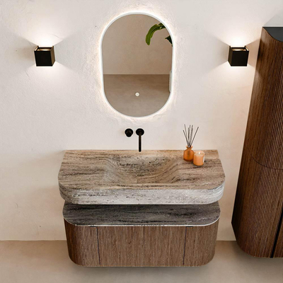 MONDIAZ THOR-DLUX 110cm badmeubel ronding links + rechts kleur Walnut met 1 lade en 2 deuren. Vrijhangende wastafel CLOUD Midden zonder kraangat kleur Oza.