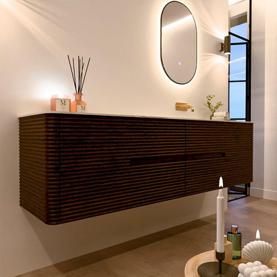 Mondiaz CIRO-DLUX Badkamermeubelset - 180x45x50cm - Solid surface wastafel Ostra - 1 wasbak Rechts - zonder kraangaten - 4 lades - Walnut