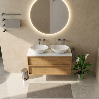 Saniclass Holz Frame Ensemble de meubles de salle de bains - 120x45x63cm - Plan vasque en marbre Dia poli (blanc) - sans trou de robinet - 2 tiroirs - chêne natural mat (bois)