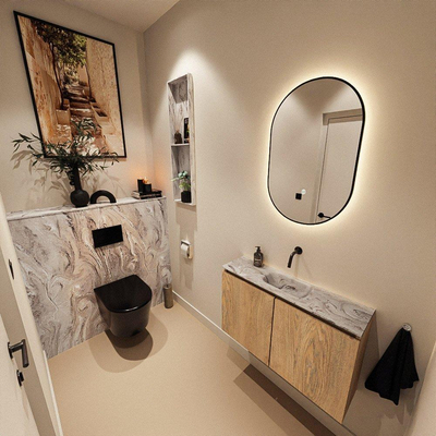 MONDIAZ TURE-DLUX Meuble toilette - 80cm - Washed Oak - EDEN - vasque Glace - position centrale - sans trou de robinet