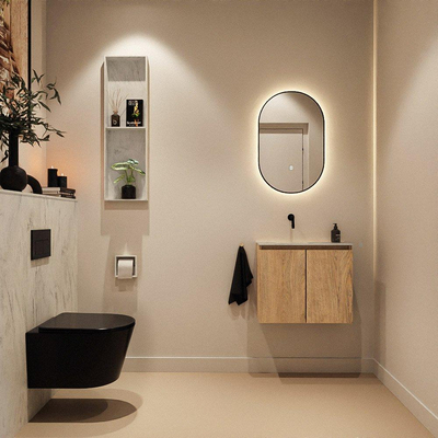 MONDIAZ TURE-DLUX Meuble toilette - 60cm - Washed Oak - EDEN - vasque Opalo - position gauche - sans trou de robinet