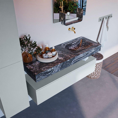 Mondiaz ALAN-DLUX Ensemble de meuble - 130cm - meuble Clay mat - 1 tiroir - Lavabo Cloud Lava suspendu - vasque Droite - 0 trous de robinet