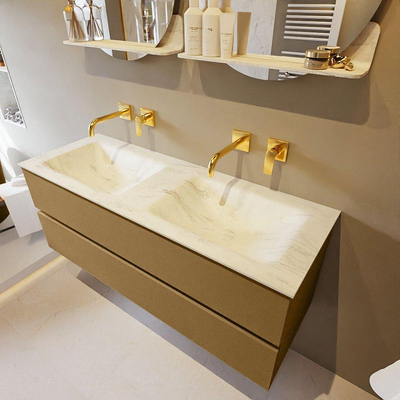 Mondiaz VICA-DLUX ensemble de meuble de salle de bain - 130cm - meuble sous-vasque oro - 2 tiroirs - lavabo encastré cloud double - sans trous de robinet - version haute de 60cm - opalo