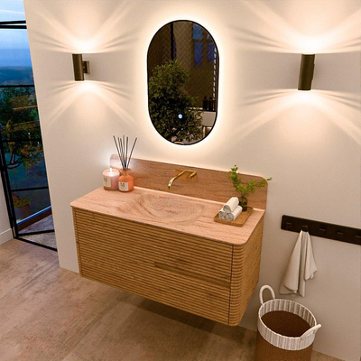 Mondiaz CIRO-DLUX Badkamermeubelset - 110x45x50cm - Solid surface wastafel Saba - 1 wasbak Midden - zonder kraangaten - 2 lades - Oak