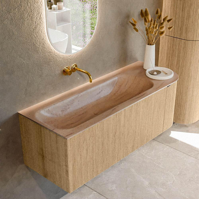 MONDIAZ KURVE-DLUX Meuble de salle de bains 125cm arrondi Droite couleur Chêne avec 1 tiroir et 1 porte. Lavabo BIG MEDIUM Gauche sans trou de robinet Saba.