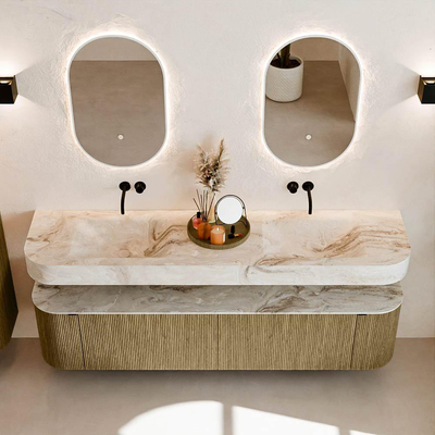 MONDIAZ THOR-DLUX Meuble de salle de bains - 190cm - arrondi gauche + droite - couleur Dusk - 2 tiroirs et 2 portes - Vasque suspendue CLOUD Double sans trou de robinet - couleur Frappe