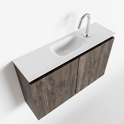 MONDIAZ TURE Kit lave-mains - 80x23x50cm - 1 trou de robinet - 2 portes - marron foncé mat - Lavabo centré - Acrylique Blanc