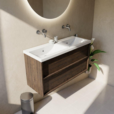 Saniclass Holz Frame Ensemble meuble de salle de bains - 120x45x63.5cm - Bari lavabo en céramique blanc - 2 vasques - sans trous de robinetterie - 2 tiroirs - chêne charcoal mat (bois)