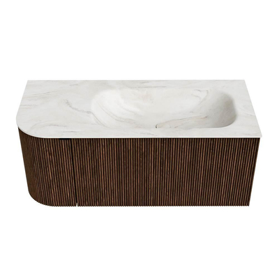 MONDIAZ KURVE-DLUX Meuble de salle de bains 105 cm avec module 25 L couleur Walnut avec 1 tiroir et 1 porte. Lavabo BIG SMALL à droite sans trou de robinet couleur Ostra.