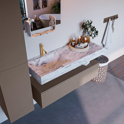 Mondiaz ALAN-DLUX Ensemble de meuble - 120cm - meuble Smoke mat - 1 tiroir - Lavabo Cloud Glace suspendu - vasque Gauche - 1 trou de robinet