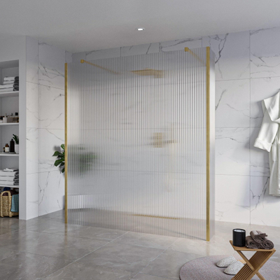 FugaFlow Eccelente Vetro Douche à l'italienne libre - 180x200cm - Clair strié - anti-calcaire - verre de sécurité 8mm - 2 parois latérales 30cm - avec bras muraux et profils d'angle - Laiton brossé (or) -