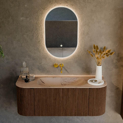 MONDIAZ KURVE-DLUX Meuble de salle de bains 120cm arrondi Gauche + Droite couleur Walnut avec 1 tiroir et 2 portes. Plan-vasque BIG SMALL Central sans trou de robinet Arena.