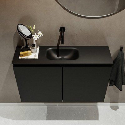 MONDIAZ TURE Fonteinset - 80x23x50cm - 0 kraangaten - 2 deuren - urban mat - Wasbak midden - Solid Surface Zwart