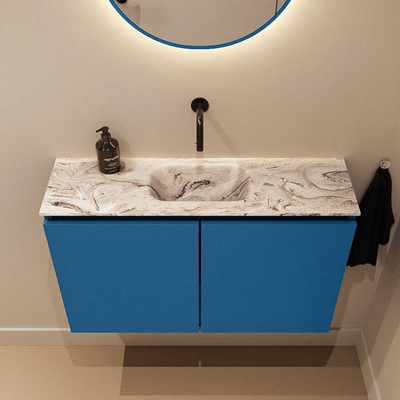 MONDIAZ TURE-DLUX Meuble toilette - 80cm - Jeans - EDEN - vasque Glace - position centrale - sans trou de robinet