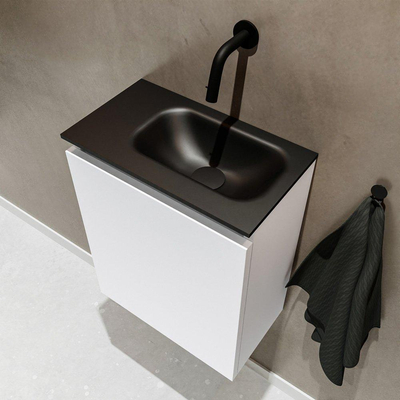 MONDIAZ TURE Toiletmeubel 40x23x50cm met 0 kraangaten 1 deuren talc mat Wastafel Eden rechts Solid Surface Zwart