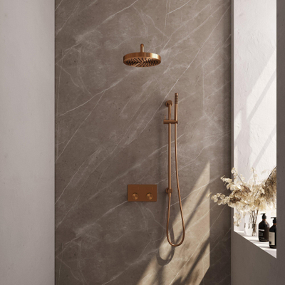 BRAUER Stripe Douche de tête thermostatique encastrée - boutons-poussoirs - pomme de douche 25cm - bras mural courbé - douchette à main sur barre - flexible de douche - barre coulissante intégrée - cuivre brossé PVD
