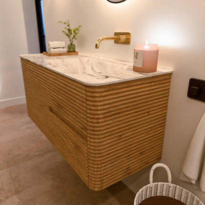 Mondiaz CIRO-DLUX Meuble de salle de bains - 110x45x50cm - Vasque solid surface Glace - 1 lavabo à droite - sans trous de robinet - 2 tiroirs - Chêne