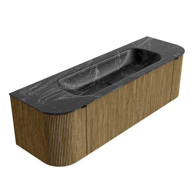 Mondiaz KURVE-DLUX Ensemble de meuble salle de bain - 150x46x40cm - 1 tiroir - 2 portes - lavabo en solid surface - milieu - sans trou de robinet - Dusk