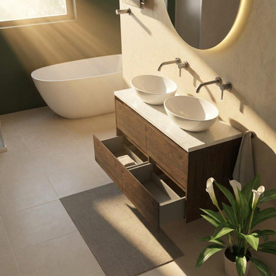 Saniclass Holz Pure Ensemble de meubles de salle de bains - 120x45x63cm - Plan vasque en marbre Dia poli (blanc) - sans trou de robinetterie - 4 tiroirs - chêne charcoal mat (bois)
