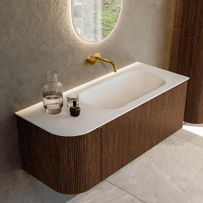 MONDIAZ KURVE 115cm Meuble salle de bain avec module 25 G - couleur Walnut - 1 tiroir - 1 porte - vasque BIG SMALL droite - sans trous de robinet - Talc